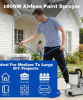 Man using Pro Grade 1600W High Pressure Airless Paint Sprayer for DIY projects on outdoor furniture.