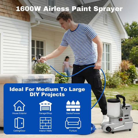 Man using Pro Grade 1600W High Pressure Airless Paint Sprayer for DIY projects on outdoor furniture.