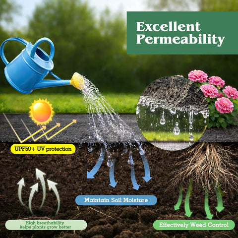 Heavy Duty Weed Barrier Landscape Fabric 4Ft Wide 300Ft Long With 120 U Shaped Securing Pegs showing water permeability and weed control.