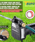 1/2HP 115V Cast Iron Portable Water Transfer Pump with brass connectors and carbon brush, shown with water flow and safety instructions.