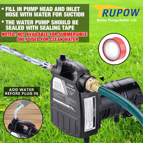 1/2HP 115V Cast Iron Portable Water Transfer Pump with brass connectors and carbon brush, shown with water flow and safety instructions.