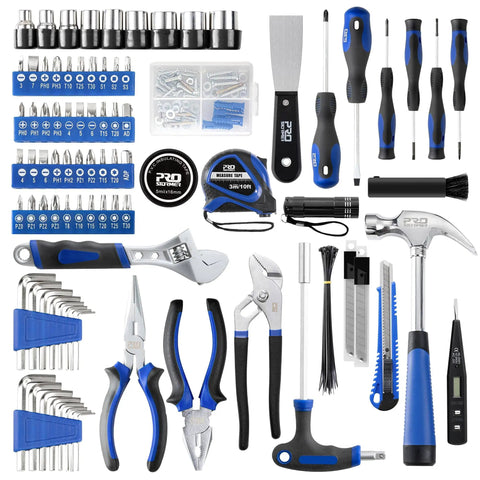 229-Piece Hand Tool Set in Portable Toolbox for Home Maintenance, DIY Projects, Auto Repairs, and Daily Fix-Ups, showing tools spread out