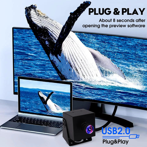 Rock Solid 4K UVC Web Cam With USB And HDMI Dual Screen Output For PC Monitors And Streaming Rigs, shown with laptop and monitor.