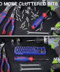Before and after of Magnetic Hex Bit Holder 39 Hole Organizer Tray With Powerful Magnetic Base And Storage Grid For One Quarter Inch Hex Bits And Drill Bit Adapters Heavy Duty Pro Grade Blue Tool Organizer showing improved tool organization.