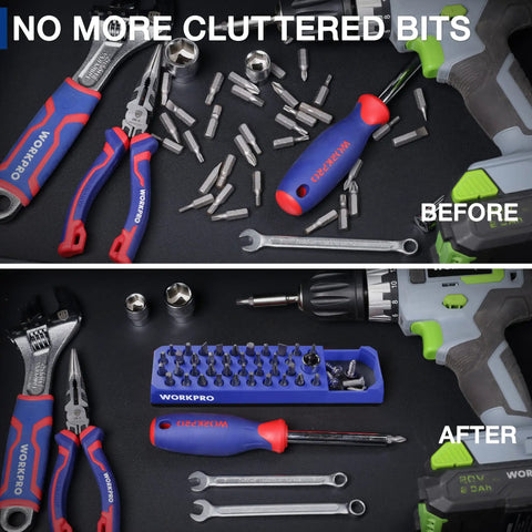 Before and after of Magnetic Hex Bit Holder 39 Hole Organizer Tray With Powerful Magnetic Base And Storage Grid For One Quarter Inch Hex Bits And Drill Bit Adapters Heavy Duty Pro Grade Blue Tool Organizer showing improved tool organization.