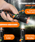 Hella Bright Rechargeable Flashlight With 30W LED 100000 Lumens 12 Hour Runtime showing button and brightness modes