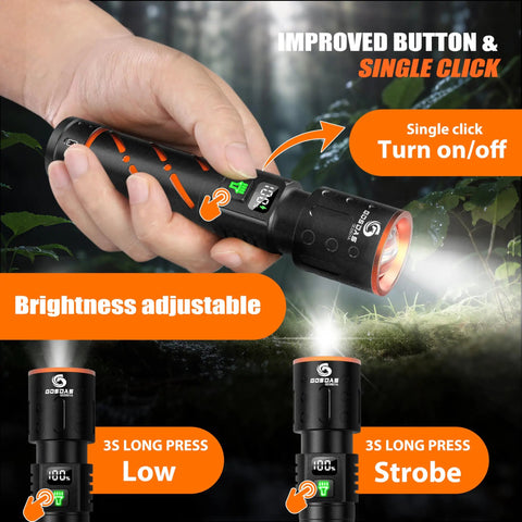 Hella Bright Rechargeable Flashlight With 30W LED 100000 Lumens 12 Hour Runtime showing button and brightness modes