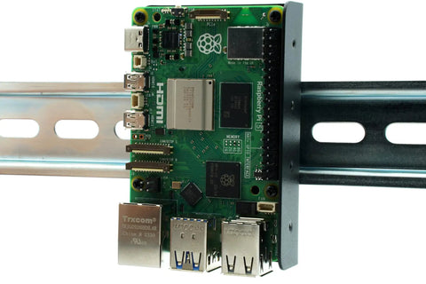 Rack Ready DIN Rail Clip Mount Bracket For Raspberry Pi And Similar SBCs On A 35mm Rail Fits Pi 5, 4B, 3B And Other Boards With The Same Screw Pattern Flexible Clip Positions, showing a Raspberry Pi mounted on a 35mm rail in a black bracket.