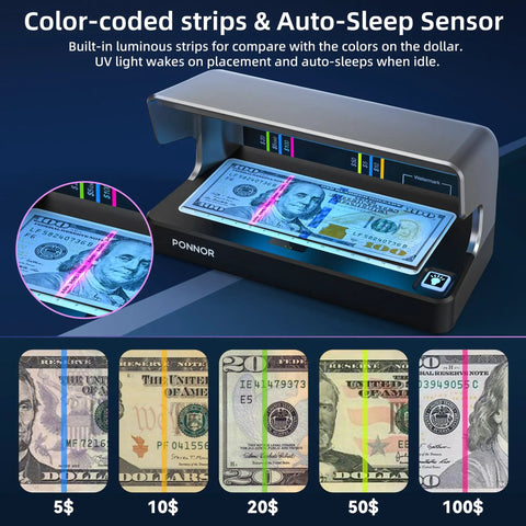 Counterfeit Bill Detector With Dual UV LED Light And Full Backlit Display Fast Watermark And UV Strip Check Also Detects Credit Cards And IDs Works With All Currencies Auto On Off Rechargeable Battery displaying color-coded strips and dollars