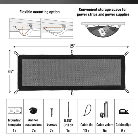 Under Desk Cable Management Net For A Clean Hidden Cord Setup with installation guide and accessories components visible.