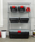 Heavy Duty 48 Gallon Plastic Storage Bin With Two 8 Gallon Nested Lockable Boxes And Secure Fitting Lids on a metal shelf.