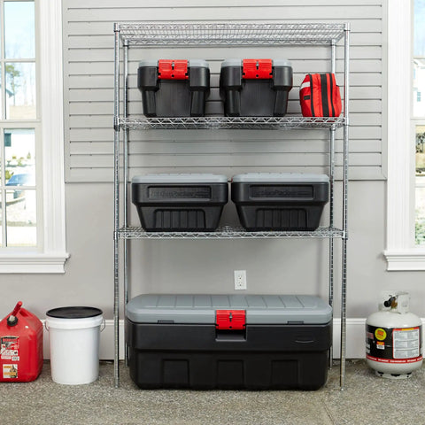 Heavy Duty 48 Gallon Plastic Storage Bin With Two 8 Gallon Nested Lockable Boxes And Secure Fitting Lids on a metal shelf.