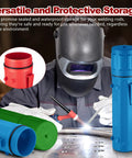 4 Pack Welding Rod Storage Tubes 14 Inch Electrode Holder Containers in use by welder with red, blue, and green canisters