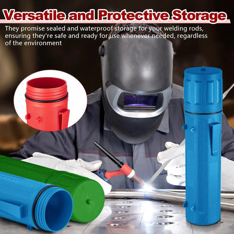 4 Pack Welding Rod Storage Tubes 14 Inch Electrode Holder Containers in use by welder with red, blue, and green canisters