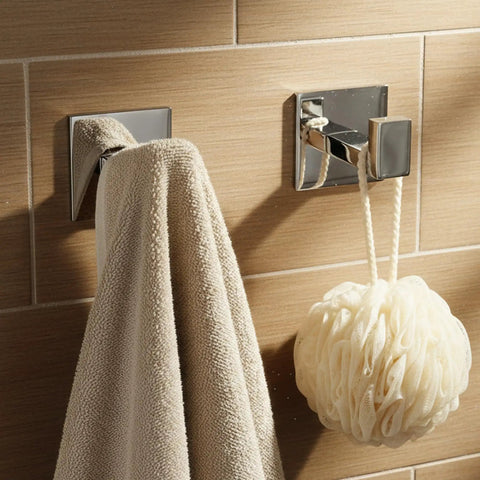 Square Coat Hook Set 2 Pack Stainless Steel Wall Mounted Self Adhesive No Drilling Towel And Robe Hooks in bathroom.