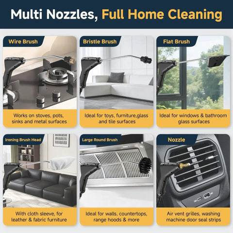 Multi nozzles for Ultra Powerful 2500W Handheld Steam Cleaner For Home, including wire, bristle, flat, ironing, and round brush heads.