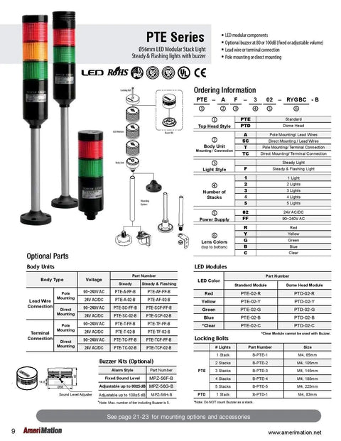 Tower Light Kit With 56mm Modular LED Red Green Lens Two Stack Steady Output Black Body 25 Inch Lead Wires 24 VAC DC Includes 240mm Aluminum Pole And Plastic Base UL Listed CE Certified IP65 diagram