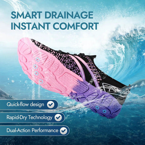 Hiking Barefoot Water Shoes For Men And Women Quick Dry Beach Swim Shoes with thick rubber soles and smart drainage display.