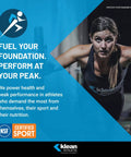 Athlete performing an intense workout; Klean Athlete logo visible; NSF Certified for Sport; emphasizes peak athletic performance.