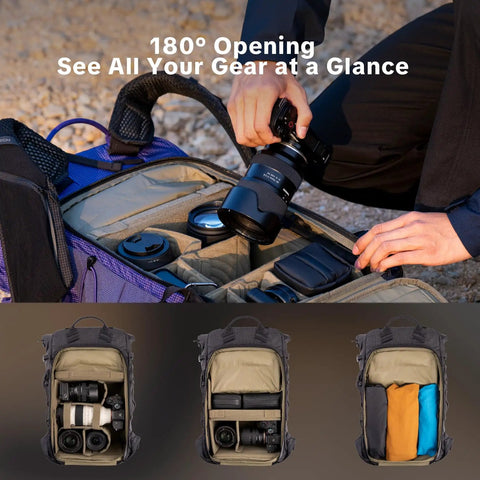 Ultralight Camera Backpack For Photographers Expandable To 40L Space Black Suspended Back Panel 16 Inch Laptop Sleeve open view