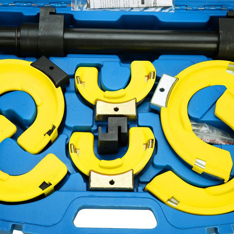 MacPherson Strut Spring Compressor Kit With Interchangeable Fork Attachments in blue case with yellow components