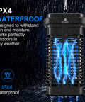 Outdoor Bug Zapper 20W High Powered 4000V Electric Mosquito Killer With Switch Waterproof For Home Backyard Patio And Garden UV Bulbs Attract 365nm Insects Easy Clean Tray Mosquito Trap For Nighttime Outdoor Use showcasing IPX4 waterproof feature, visible in rain, glowing UV light inside a protective cage.