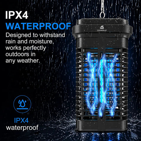 Outdoor Bug Zapper 20W High Powered 4000V Electric Mosquito Killer With Switch Waterproof For Home Backyard Patio And Garden UV Bulbs Attract 365nm Insects Easy Clean Tray Mosquito Trap For Nighttime Outdoor Use showcasing IPX4 waterproof feature, visible in rain, glowing UV light inside a protective cage.