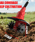 Cordless Tiller Cultivator With 360 RPM 9 Inch Wide Electric Garden Tiller showcasing its steel tines in action on soil
