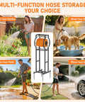 Heavy-Duty Hose Reel Stand With Storage Rack, 125 Feet, Five Eighth Inch Hose Organizer shown with uses: garden, pet, patio, car wash
