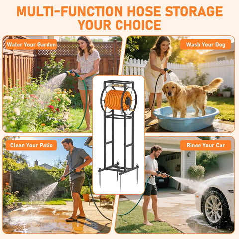 Heavy-Duty Hose Reel Stand With Storage Rack, 125 Feet, Five Eighth Inch Hose Organizer shown with uses: garden, pet, patio, car wash