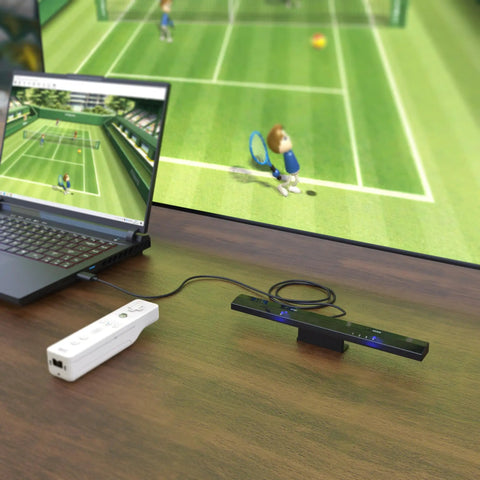 Wireless Sensor Dolphinbar For PC USB Wii Remote Adapter connected to laptop, Wii game on TV, showcasing Bluetooth capabilities.