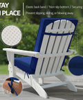 Back view of Cozy Outdoor Adirondack Chair Cushions Set Of 4 With Removable Covers Water Repellent Fade Resistant Non Slip Bottom And Securing Straps Universal Fit For Most Adirondack And Rocking Chairs Navy installed on white chair.