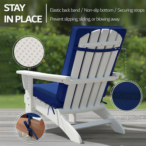 Back view of Cozy Outdoor Adirondack Chair Cushions Set Of 4 With Removable Covers Water Repellent Fade Resistant Non Slip Bottom And Securing Straps Universal Fit For Most Adirondack And Rocking Chairs Navy installed on white chair.