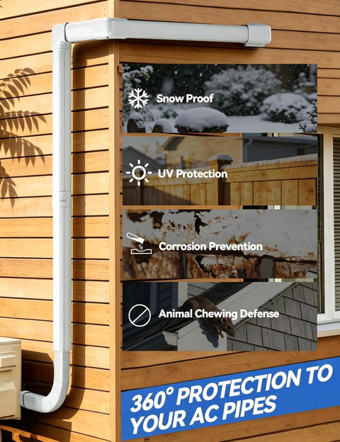 4 Inch 17 Ft Mini Split Line Cover Kit For Ductless Systems, Flexible PVC on wooden wall, weather-resistant features highlighted