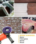 View of Six Pack Four And A Half Inch By Seven Eighths Inch Strip Discs Stripping Wheel For Angle Grinder Remove Paint Coating Rust Welds Oxidation Clean Up Jobs used on various surfaces.