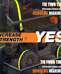 Beefed Up Heavy Duty Wheel Chock Tie Down Kit With 4500 Lb Break Strength, securing ATV tires on trailer, industrial grade straps