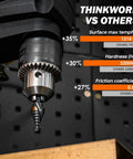 Close-up of spiral flute step drill bit in power tool showing durability stats, Durable Spiral Flute Step Drill Bit Set, DIY Friendly, 4 Piece HSS Unibit Range From One Eighth To Five Eighths Inch, With One Quarter Inch Shank For Metal Aluminum Steel Wood Plastic Thinkwork displayed.