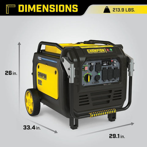 8500 Watt Dual Fuel Portable Inverter Generator With Quiet Technology and CO Shield Electric Start, dimensions shown