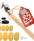 Bowl sander tool kit with wooden handle and dual bearing head; 85-piece set including 1-in and 2-in discs.