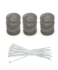 Front view: three stainless steel mesh washer lint traps (29 cm x 6.5 cm) with twelve nylon cable ties.