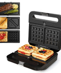 Super Awesome 3-In-1 Electric Sandwich Maker With Removable Nonstick Plates, 1000 Watts For Waffles Paninis And Eggs, Quick Easy Cooking In Sleek Black Finish showing waffles and grilling options.
