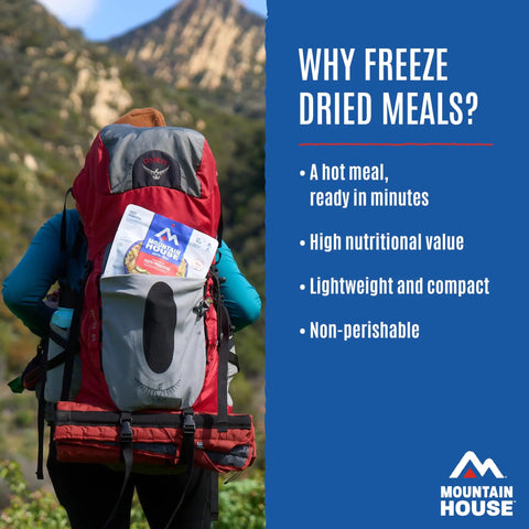 Backpacker with red backpack carrying Freeze Dried Breakfast Entree With Biscuits And Gravy For Camping And Backpacking.