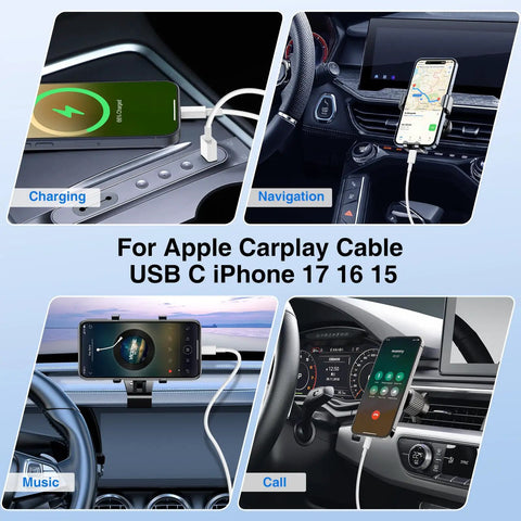 48W USB C Car Charger With Dual USB Ports Fast Charge For iPhone 17 16 15 Series in use with CarPlay cable