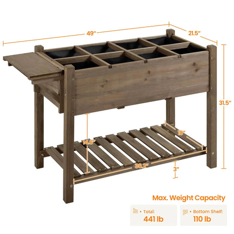 Raised Garden Bed With Eight Grid Grow Space, Elevated Wood Planter Box Stand With Foldable Side Table And Storage Shelf