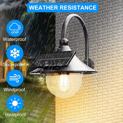 Two Pack Solar Barn Lights With Motion Sensor And 3 Lighting Modes, vintage gooseneck light on brick wall, weather resistance features