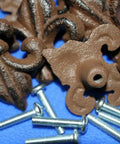 Close-up of Bulk Pack Of 160 Old School Vintage French Victorian Fleur De Lis Cast Iron Knob Pulls with screws.