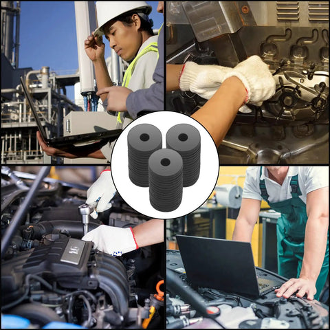 Collage of industrial and automotive scenes with 110 Piece Rubber Flat Washer Kit Tough As Nails Heavy Duty image overlay