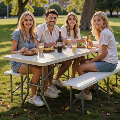 Group enjoying a meal outdoors on a Heavy Duty Folding Bench For Outdoor Use With 770 Pound Capacity Safety Lock Button