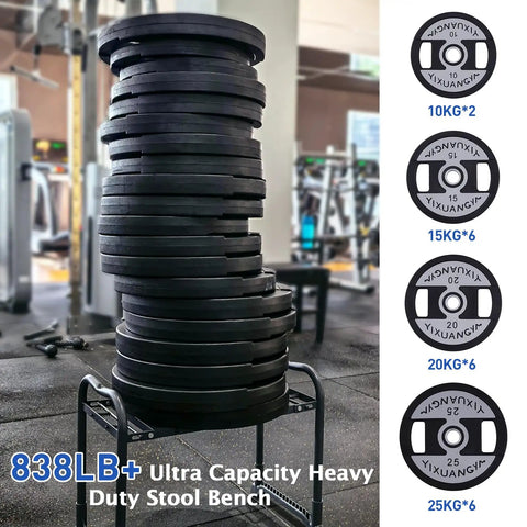 Beefy Heavy Duty Garden Kneeler And Seat with weights stacked, supports 838 lbs, gym setting, metal frame visible.