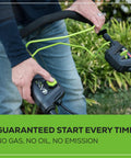 Person starting 80V Self Propelled 21-Inch Cordless Lawn Mower With Brushless Motor, showing easy start handle controls.